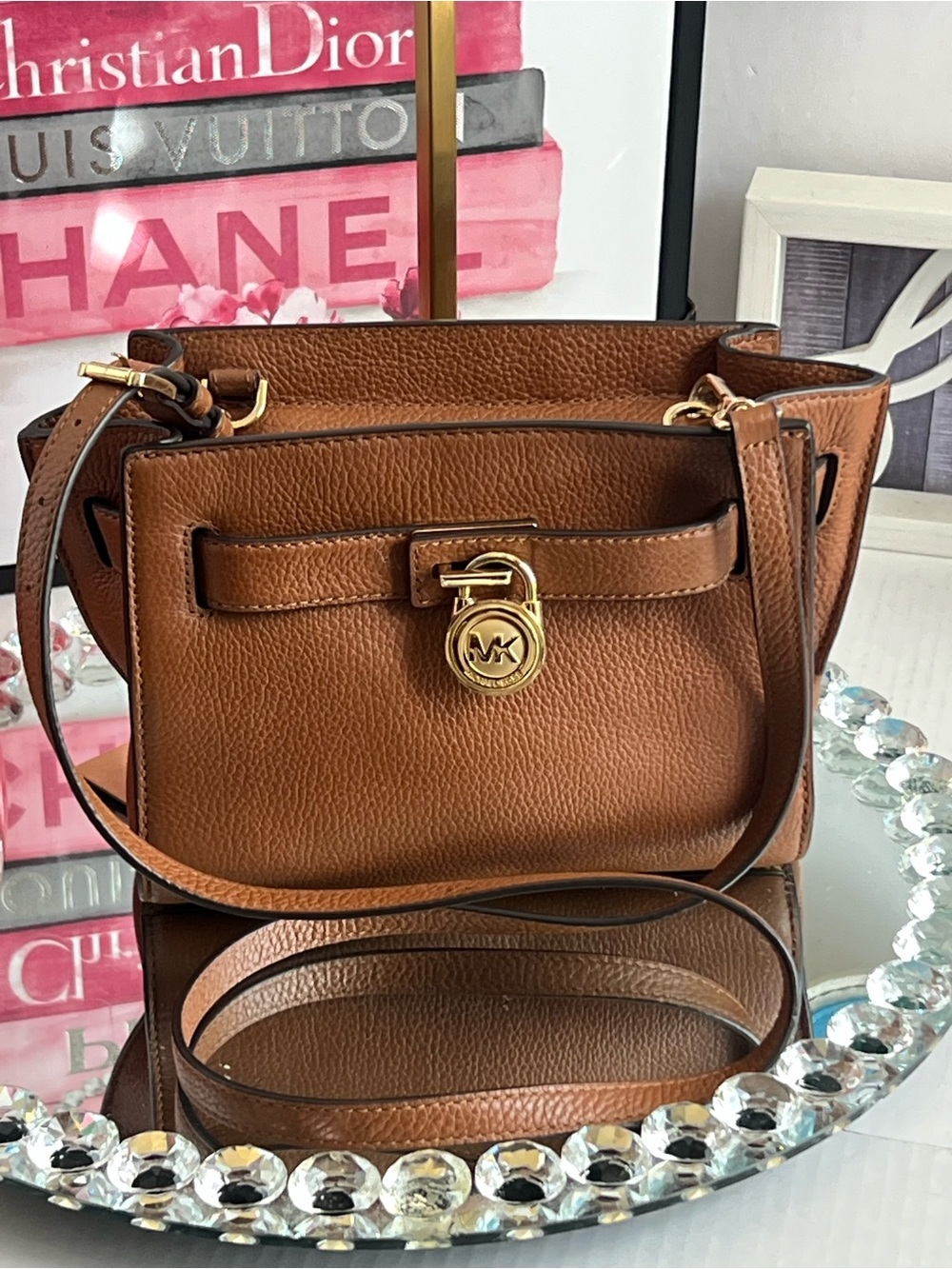 Michael Kors Hamilton Cognac Pebbled Leather Crossbody with Gold Logo Lock